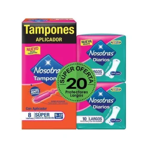 TAMPONES NOSOTRAS CON APLICADOR REGULAR 8 UDS + 2 PROTECTORES LARGOS