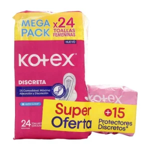 TOALLA KOTEX DISCRET  MEGA PACK X 24 UND + 15 PROTECTORES