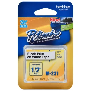 Cinta Brother M-231 | No Laminada, Negro sobre Blanco, 12 mm