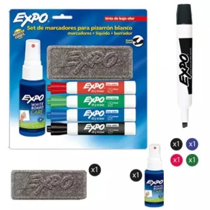 Kit Marcadores Expo, Borrador Y Líquido Limpiador, Estuche Con 6 Piezas